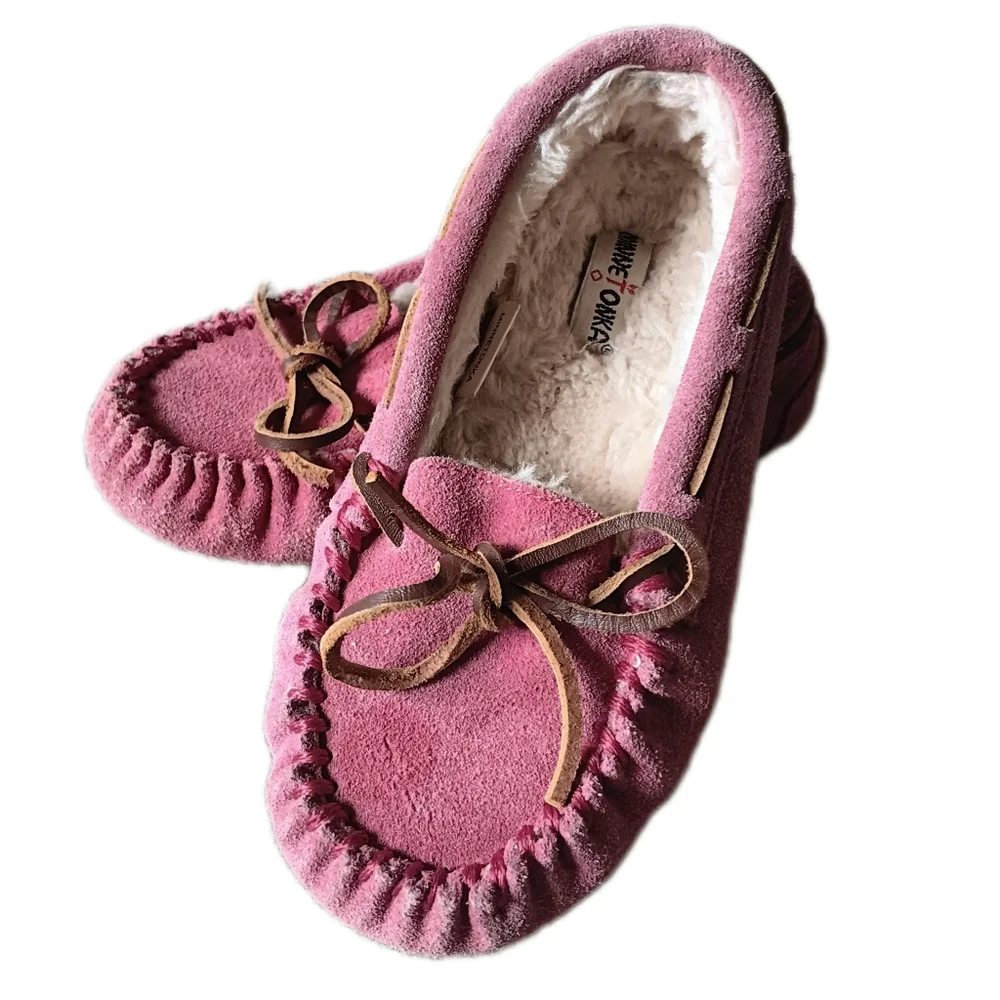 🩷 Minnetonka Girls Pink Leather Moccasins Slip On Faux Fur 1 Kids